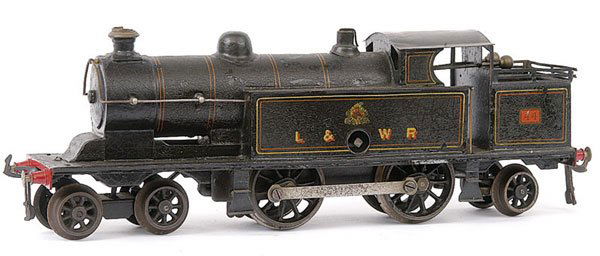 Bassett-Lowke O Gauge 4-4-2 Precursor Tank No.44: Bassett-Lowke O Gauge 4-4-2 Tank Loco L&NWR black "Precursor Tank" No.44, Clockwork. Some restoration to cab roof. L&NWR lettering and original transfer to tank sides and running number 44 to bunker s