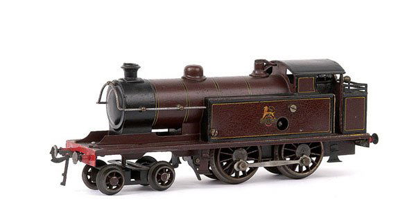 Bing/Bassett-Lowke 4-4-0 Precursor Tank Loco: Bing for Bassett-Lowke 4-4-0 Short Precursor Tank Loco MR maroon, Clockwork. British Railways lion over the wheel transfer has been added to the tank sides. Good Plus.