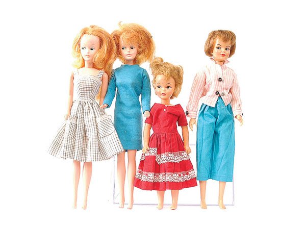 Ideal Tammy doll, 1960s, reddish/brown bob: Ideal Tammy doll, 1960s, reddish/brown bob, red lips; plus Ideal Pepper, strawberry blonde hair and pair of blonde Tressy dolls, some playwear, mainly Good. (4)