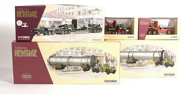Corgi Heritage Collection Heavy Haulage Sets: Corgi Heritage Collection a group of Heavy Haulage Sets and Wrecker Trucks. Consisting of No.55303 Diamond T 980 Tractor and Lowloader Trailer with Generator Load "Bourgey Montreuil", No.EX70206 Berli