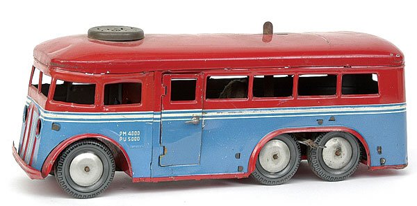 6wheeled Single Decker Trolley Bus Joustra France: A tinplate 6-wheeled Single Decker Trolley Bus by Joustra of France - blue, red, white stripe, detailed tinplate wheels and tyres, clockwork operation drives rear wheels, 2 opening doors, with battery