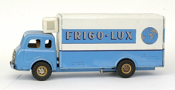 Lrg Refrigerated Delivery Van Joustra Toys France: A large tinplate model of a Refrigerated Delivery Van by Joustra Toys of France - blue, white, Frigo - Lux advertising to sides, plated parts including hubs (radiator grille has tarnished), detail tin