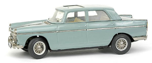 Large Peugeot 404 4-door Saloon Car Joustra Toys: A large scale model of a Peugeot 404 4-door Saloon Car by Joustra Toys of France - greyish blue, cream tin printed detailed interior, steerable front wheels, plated parts including hubs with rubber ty