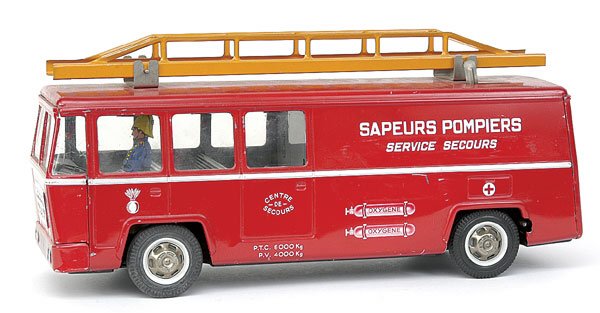 Lrg scale Fire Engine Joustra Toys France: A large scale tinplate Fire Engine by Joustra Toys of France - red, "sapeurs pompiers" to sides, red, detailed tin printed interior with uniformed driver figure, bright plated hubs with rubber tyres,