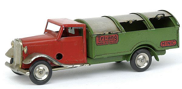 Minic - 32M Dust Cart - Post-war - red: Minic 32M Dust Cart - Post-war version - red standard cab with green body -plated sides - wings and radiator - tin hubs with black tyres - small paint blemish to cab roof - slight corrosion to wings -