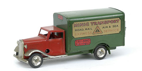 Minic - 21M Transport Van - Post-war - red: Minic - 21M Transport Van - Post-war version - red standard cab - dark green van body - 'Minic Transport' transfers to van sides - twin rear doors with securing bar - plated radiator and wings - tin h