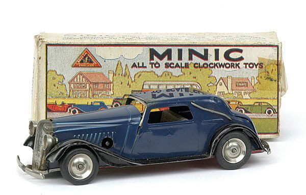 Minic - 19M Vauxhall Cabriolet - Post-war - blue: Minic - 19M Vauxhall Cabriolet - Post-war version - blue with black wings - plated radiator and bumpers - tin hubs with black tyres - generally G - some rusting to roof in two front corners and bumper