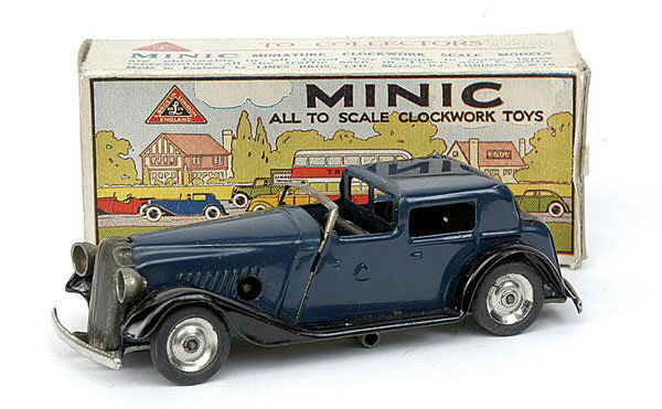 Minic - 18M Vauxhall Town Coupe Post-war drk blue: Minic - 18M Vauxhall Town Coupe - Post-war version - dark blue with black flared wings - plated radiator - bumpers and windscreen - tin hubs with black tyres - mainly G - paint scratch to n/s wing - b