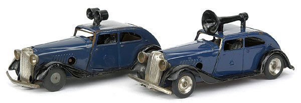 Minic - 29M Traffic Control Car Post-war drk blue: Minic - 29M Traffic Control Car - Post-war version - dark blue with black flared wings - tin hubs with black tyres - single loudspeaker to roof - mainly F - G, paint loss to roof - also another simila