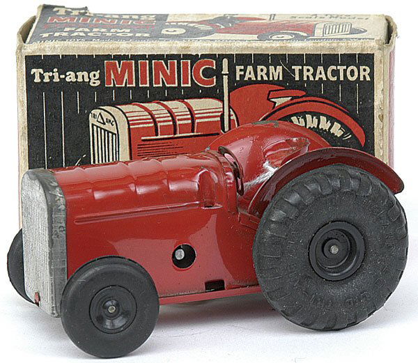 Minic - 83M - Farm Tractor - Post-war - red: Minic - 83M - Farm Tractor - Post-war version - red with plated radiator - diecast hubs with rubber tyres - G - some corrosion to radiator - paint loss to o/s wing - exhaust missing - contained in a G