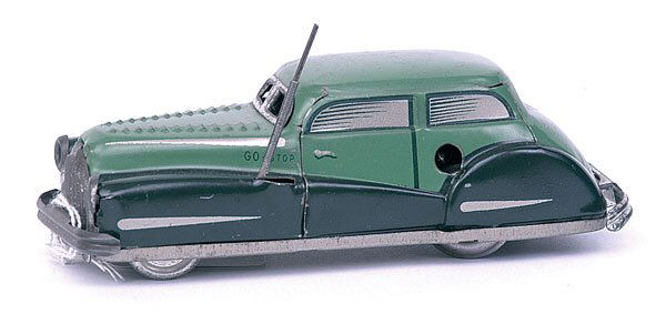 Joustra - France - 2003 Saloon Car - green: Joustra - France - 2003 Saloon Car - green and dark green bodywork - plated radiator and bumpers - clockwork action - untested - 5" long - generally G.