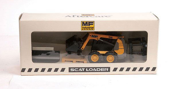 Joal Massey Ferguson Scat Loader: Joal Massey Ferguson Scat Loader - yellow, black, compete with attachments - Mint in Near Mint window box.