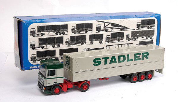 Lion Toys DAF 95 380ATI "Stadler": Lion Toys DAF 95 380ATI Articulated Truck and Trailer "Stadler" - pale grey, green, red - Near Mint in Good although slightly grubby window box.