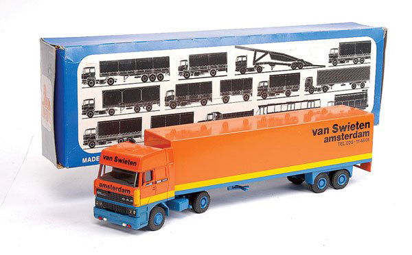 Lion Toys DAF 3600 ATI "Van Swieten": Lion Toys DAF 3600 ATI Articulated Truck and Trailer "Van Swieten Amsterdam" - orange, yellow, blue - approx. 1/50th scale - Mint in Good (although slightly grubby window box).