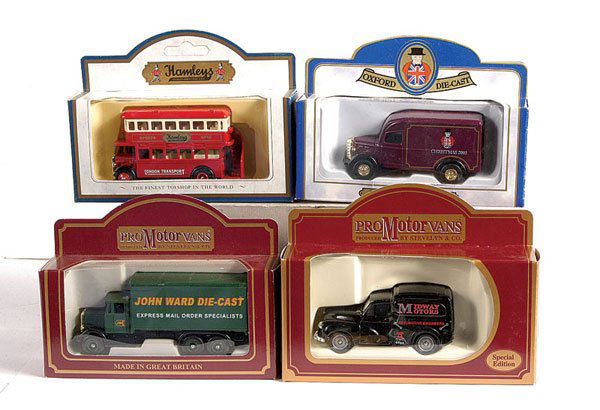 Lledo Morris Van "Midway Motors": Lledo Morris Van "Midway Motors" - black, grey, silver, Scammell 6-wheel Truck "John Ward Diecast" - green, black and London Double Decker Bus "London Transport Hamleys" - red, cream and Oxford Diecas