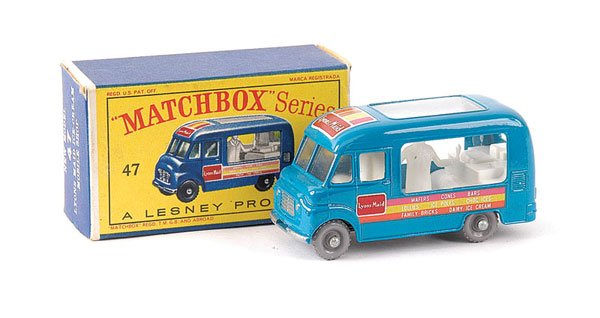 Matchbox No.47b Commer Lyons Maid Ice Cream Van: Matchbox Regular Wheels - No.47b Commer Ice Cream Van "Lyons Maid" - blue, white interior with tall figure, small roof decal, side decals are deep pink, lime green and orange, clip-fit baseplate, knob