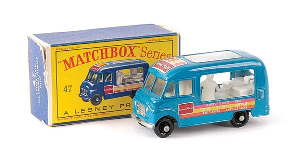 Matchbox No.47b Commer Lyons Maid Ice Cream Van: Matchbox Regular Wheels - No.47b Commer Ice Cream Van "Lyons Maid" - blue, white interior with short figure, small roof decal, side decals are deep pink, lime green and orange, clip-fit baseplate, kno