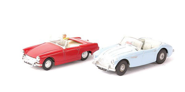 Spot-on - A Pair of Austin Healey Models: Spot-on Austin Healey Models (1) No.105 Austin Healey 100/6 - light blue, light grey interior, (2) No.219 Austin Healey Sprite Mk.III - dark red, cream interior, with driver figure, plated parts - Exc