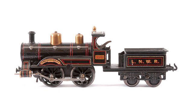 Bing Gauge 1 0-4-0 "King Edward VII" No.1942: Bing Gauge 1 0-4-0 Loco and Tender LNWR black "King Edward VII" No.1942, Clockwork. Loco and Tender finished black overall and lined in white and red. King Edward VII transfer over front splasher and
