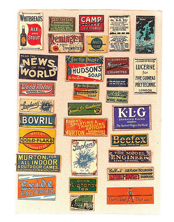 Bassett-Lowke and similar Railway Tin Signs: Bassett-Lowke and similar Railway Tin Signs consisting of Bassett-Lowke Model Ships, 112 High Holborn, Bassett-Lowke London, Fishing, Sporting and Travelling Articles, Whitbread Ale and Stout, Primus,