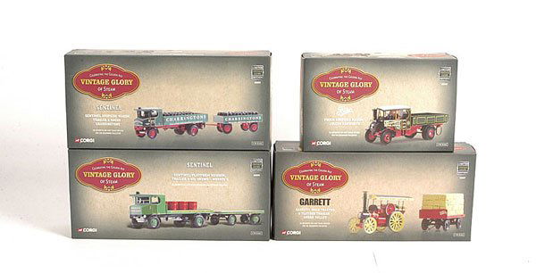 Corgi Classics Vintage Glory of Steam Series x 4: Corgi Classics Vintage Glory of Steam Series, a small group. Consisting of No.80008 Sentinel Flatbed Wagon and Trailer with oil drum load. "Morris's", No.80307 Garrett Road Tractor and Flatbed Trailer