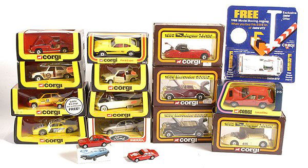 Corgi - A Mixed Group of Cars: Corgi a mixed group of Cars. To include No.343 Ford Capri - yellow, No.1352 Renault 5 Turbo - Little & Large Set, No.308 BMW M1 Race Car - yellow with racing number 25, 2 x Promotional Give-away Jagua