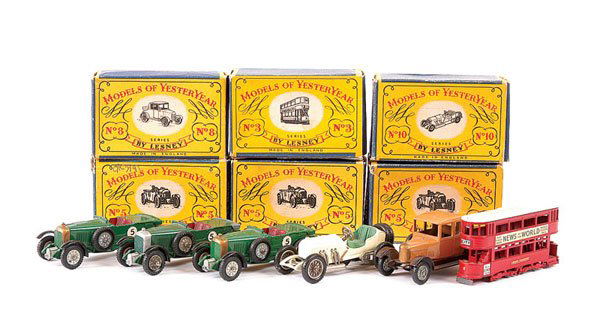 Matchbox MOY Y5 1929 Bentley & Others: Matchbox Models of Yesteryear - 3 x Y5 1929 Bentley, (1) grey tonneau, silver radiator shell, bare metal steering wheel, crimped axles, (2) green tonneau, gold radiator shell, green steering wheel, ro