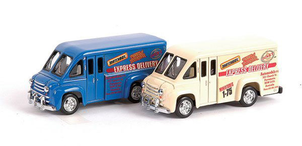Matchbox Pre-pro YPP04 Dodge Route Van: Matchbox Models of Yesteryear 2 x No.YPP04 Dodge Route Van pre-production issues with trial "Matchbox Express Delivery" decals (1) cream, cream interior, decals facing rear, black China baseplate, (2)