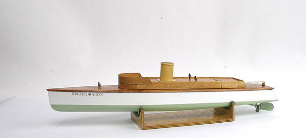Bassett-Lowke Launch "Green Dragon": Bassett-Lowke Launch "Green Dragon" - this impressive wooden battery powered launch has been considerably rebuilt from an original hull which is green, white, with varnished deck and superstructure, s