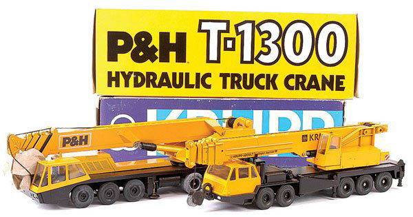 Gescha No.3070 Krupp Crane Truck plus Others: Gescha No.3070 Krupp Crane Truck - yellow, black and No.3071 P & H Crane Truck - yellow, black - both are generally Excellent to Near Mint in Good to Good Plus all carded boxes. (2)
