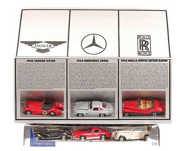 Corgi No.C51 100 Years of Motoring Gift Set: Corgi - Limited Edition No.C51 100 Years of Motoring Gift Set containing 1956 Mercedes 300SC - ivory body and interior, black roof, (2) 1956 Mercedes SE with roof down - black, ivory interior, (3) Mer