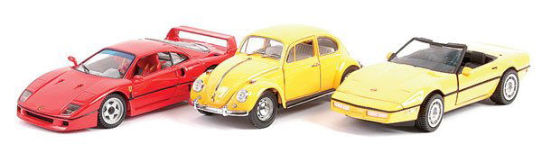 Franklin Mint 1986 Corvette & Others: Franklin Mint 1986 Corvette - yellow, black interior, silver trim, 1989 Ferrari F40 - red including seats, silver and grey trim and 1967 VW Beetle - yellow, pale grey interior, chrome trim - all come
