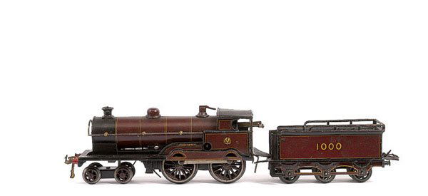 Bing for Bassett-Lowke 4-4-0 "George V" No.1000: Bing for Bassett-Lowke 4-4-0 Loco and Tender LMS maroon "George V" No.1000, clockwork. Good.