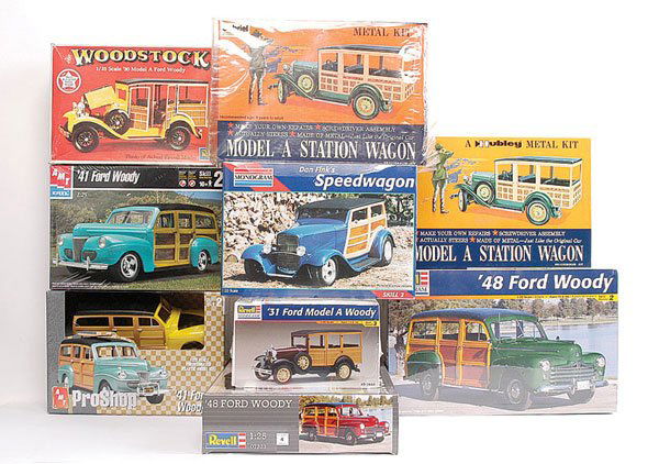 Woody Wagons - A Group of Plastic & Metal Kits: Woody Wagons, a group of plastic and metal kits based on Ford Model A, Speed Wagon, plus others by various manufacturers including Hubley, Revell, AMT, Monogram, plus others - conditions are generally