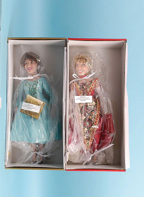 Effanbee Gracie Allen & Carol Channing Dolls: Effanbee Legend Series Gracie Allen and Carol Channing vinyl character dolls, 1997, complete with wrist tags, MNRFB, 16"/41cm. (2)