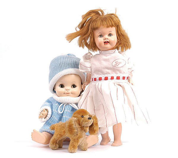 A Group of Roddy & Effanbee Dolls: Roddy & Effanbee dolls including - Roddy hard plastic jointed doll, blue weighted eyes (faded), painted features, auburn hair, redressed, Fair, 13"/33cm; Effanbee vinyl jointed doll, redressed, Fair,