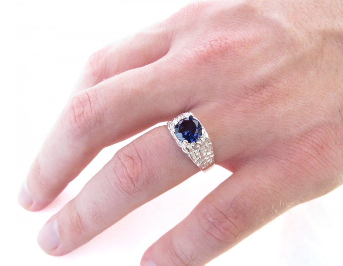 2.13 carat Blue Sapphire Men's Ring anniversary,: 2.13 carat Blue Sapphire Men's Ring anniversary, engagement, wedding ring, large solitaire Size 10, sterling silver, Lab Created, large
