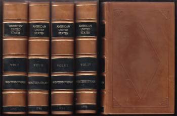 An Historical, Geographical, Commercial View Of The Am: Winterbotham, William;;J. Ridgeway, H.D. Symonds & D. Holt;London & Newark;1795;1st Edition;;4 volumes full leather. 3 of 4 engraved portraits, 21 engraved plates of waterfalls, animals, birds, snakes
