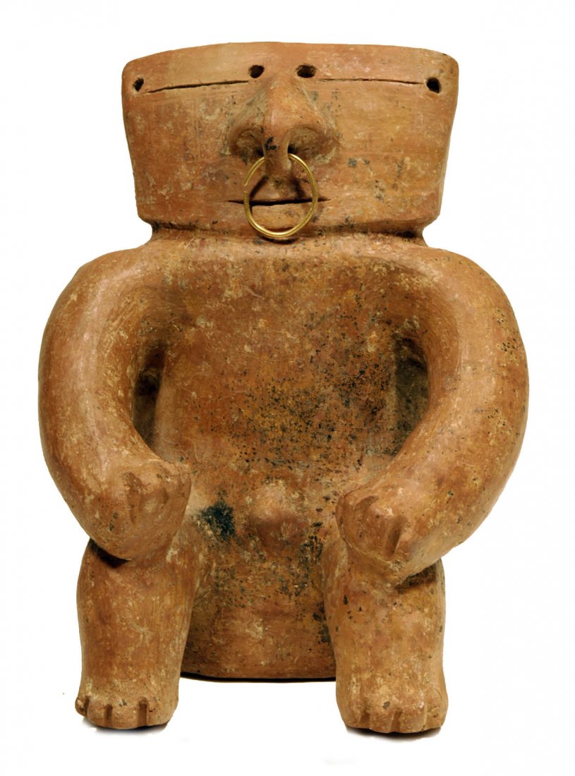 Quimbaya Retablo Figure: Quimbaya Pottery Seated Retablo Figure, Colombia, Ca.1000 - 1250 A.D. Solid pottery slab type figure with tubular arms and legs. Seated with hands on knees, prominent, realistic protruding nose with a