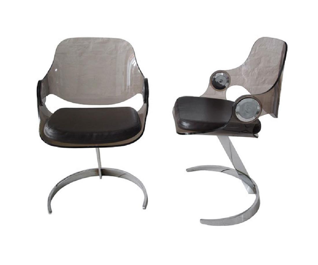 Boris Tabacoff Chairs: Pair of chairs in smoked perspex, chrome and leather seat, manufactured by Mobilier Mudulaire Moderne Origin: 1971