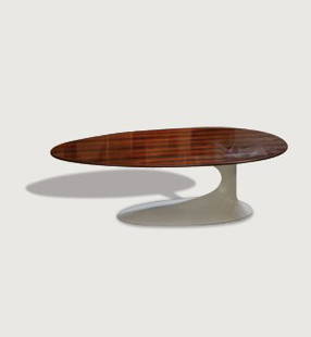 Rudi Bonzanini Table: Rudi Bonzanini Table 1968 Eliptical veneered table on a white fibreglass base designed by Rudi Bonzanini, Italy. 74cm x 123cm x 242cm