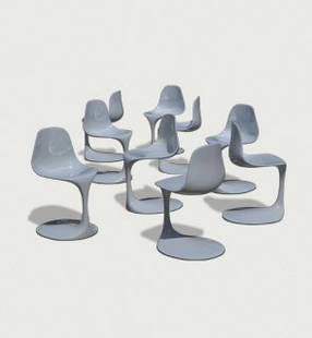 set of Bonzanini chairs: set of Bonzanini chairs c,1968 Set of ten white moulded fibreglass chairs designed by Rudi Bonzanini,Italy 77cm x 42cm x 41cm