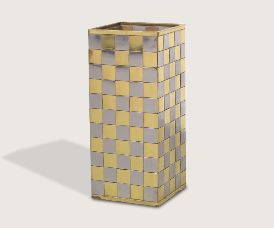 Umbrella Stand: Lacquered brass and steel woven design umbrella stand, Italy. c,1970 48cm x 20cm x 20cm
