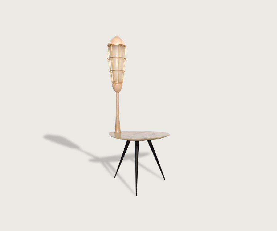 Parchment Lamp Table: Parchment covered occasional table with integral lamp and _x000D_polished beech tripod base ._x000D_ Designed by Aldo Tura , Italy. c,1950 120cm x 54cm x 45cm