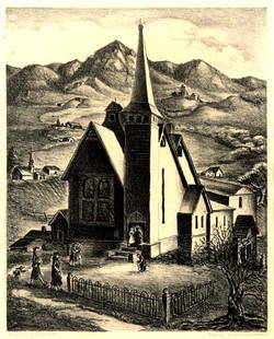 Mary Lightfoot (Am. 1889-1970), First Church,: Mary Lightfoot (Am. 1889-1970), First Church, lithograph 12 3/4 x 10 1/4, signed across bottom: First Church, Mary Lightfoot. This print was exhibited in the 5th Annual Texas Prints Exhibition