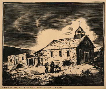 Ben Carlton Mead (Am. 1902-1986), Chapel of St. Agnes,: Ben Carlton Mead (Am. 1902-1986), Chapel of St. Agnes, Terlingua, TX, woodcut 7 1/2 x 8 7/8, signed lower left: Chapel of St. Agnes, Terlingua Texas