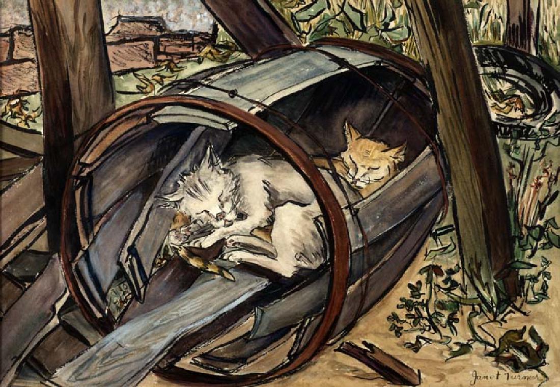 Janet Turner (Am. 1914-1988), Two Cats, watercolor on (1 of 1)