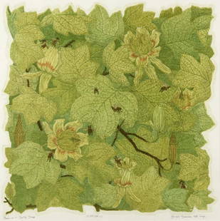 Janet Turner (Am. 1914-1988), Bees in a Tulip Tree, Ed.: Janet Turner (Am. 1914-1988), Bees in a Tulip Tree, Ed. 19/85 (Ed. V), linoleum cut print 18 x 16 1/2, signed across bottom: Bees in a Tulip Tree, 19/85 (Ed. V), Janet Turner NA Imp
