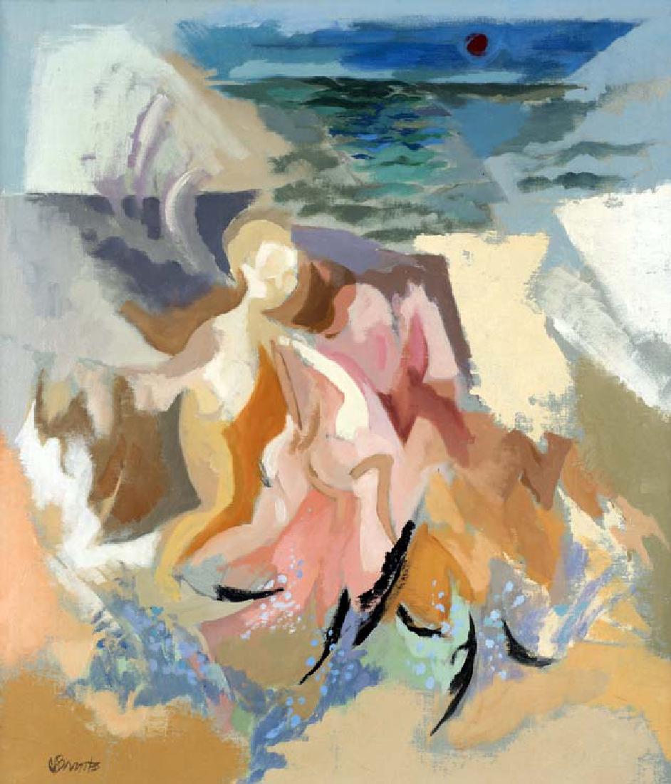 Cynthia Brants (Am. 1924-2006), Baby on the Beach, oil: Cynthia Brants (Am. 1924-2006), Baby on the Beach, oil on canvas 18 x 16, signed lower left: Brants