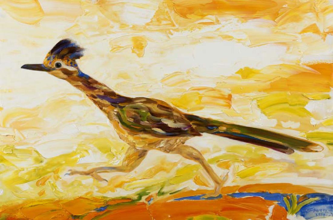 Avery Kelly (Am. 20th Cent.), Roadrunner on the Go,: Avery Kelly (Am. 20th Cent.), Roadrunner on the Go, oil on canvas 24 x 36, signed: Avery Kelly. Avery Kelly earned her MA and MFA in studio Art from Univ. of TX at Tyler; her BFA in painting from TCU.